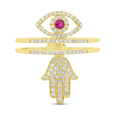 Copy of Diamond & Ruby Yellow Gold Hamsa Eye Ring