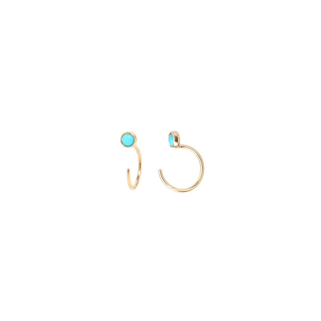 Gold Open Hoop Earrings with Bezel Set Turquoise Stones